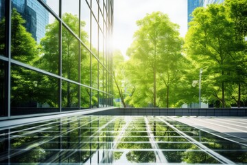 Reflecting greenery, a corporate glass building symbolizes ESG principles, advocating sustainability integration into business practices - obrazy, fototapety, plakaty