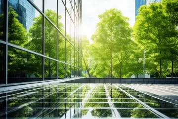 Fotobehang Reflecting greenery, a corporate glass building symbolizes ESG principles, advocating sustainability integration into business practices © aiforlife