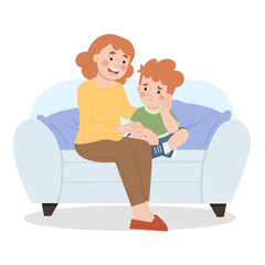 Mother comforts sad son vector illustration, Parenting illustration