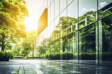 Reflecting greenery, a corporate glass building symbolizes ESG principles, advocating sustainability integration into business practices