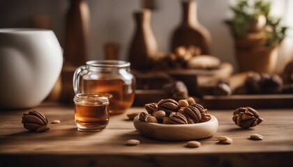 Pecan nuts in wooden bowl and glass of oil on wooden table - obrazy, fototapety, plakaty