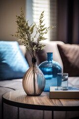 Minimalist Charm: Transform Your Coffee Table with Modern Jars Decoration - A Perfect Blend of Style and Functionality with Colors of Blue and Grey.