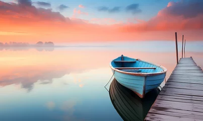 Fototapete Wooden boat on pier at early morning sunrise © Sticker Me