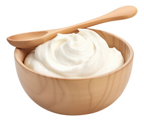 Sour cream in wooden bowl and spoon isolated. - obrazy, fototapety, plakaty