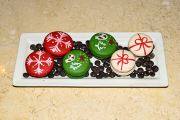 Beautifully decorated colorful Christmas macaron on on table with space for text. Selective Focus, Closeup.