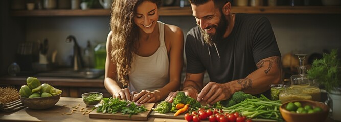 In the kitchen, a couple enjoying a cooking class.