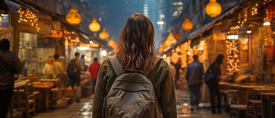 Obraz premium viewpoint of a young, adult Asian woman travelling with a rucksack in the rear at a nighttime street market..