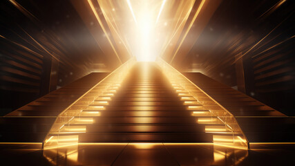 Luxury yellow golden staircase with gold light ray for award ceremony. Generative AI	
 - obrazy, fototapety, plakaty