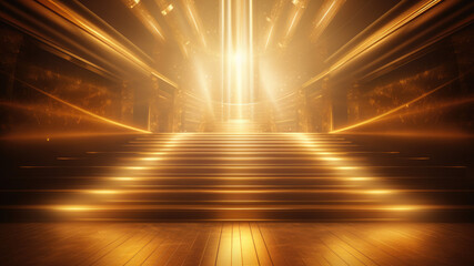 Luxury yellow golden staircase with gold light ray for award ceremony. Generative AI	
