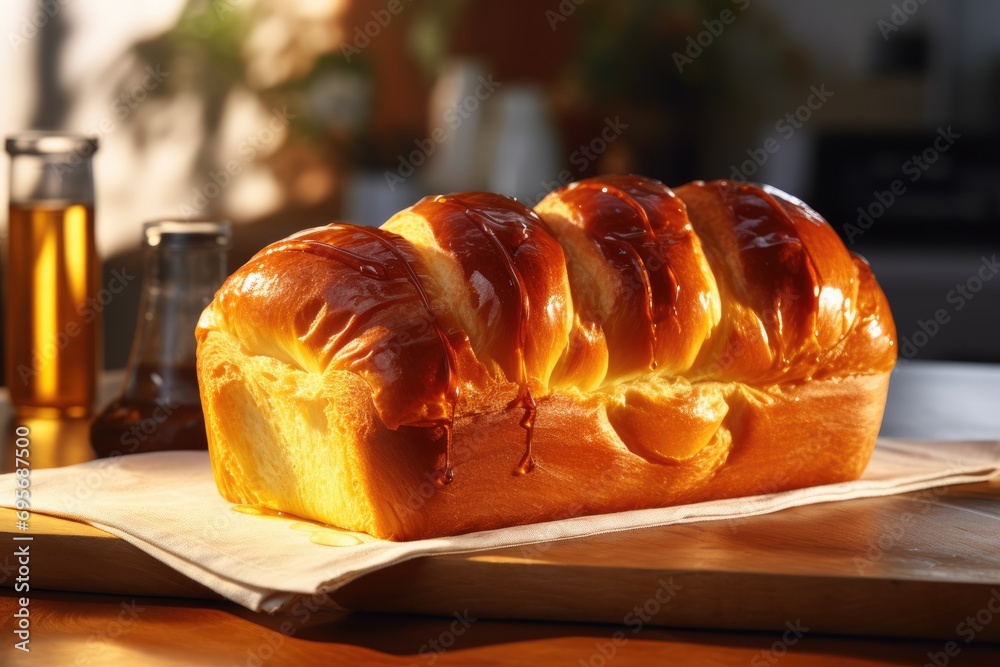 Wall mural Golden Indulgence: Brioche, a Sweet French Pastry, Showcasing a Glazed and Golden Exterior - An Enriched Dough Baked to Perfection for a Delicious Breakfast Treat.