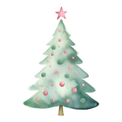 Watercolor Decoration Green Christmas tree with cute pink star illustration, isolated on a white background