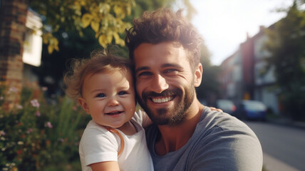 Fototapeta premium a smiling loving dad with a cute happy baby at home.