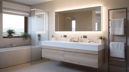 A spacious newly designed bathroom with a large white mirror and bright lighting.  Generative Ai