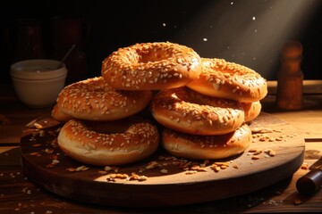 Rustic Morning Delight: Freshly Baked Sourdough Bagels Placed on a Wooden Table, Offering a Homemade and Authentic Breakfast Experience in a Rustic Setting.
