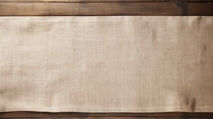 Texture of burlap fabric,Beige burlap fabric on wooden table, top view. 