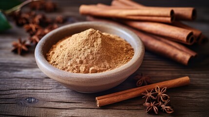  Bowl of cinnamon powder and sticks on rough 