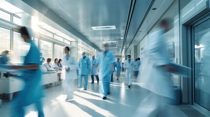 Blurred hospital corridor, doctors and nurses walking with diverse doctors in motion suitable for medical  - obrazy, fototapety, plakaty