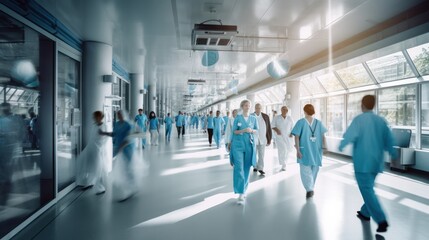 Blurred hospital corridor, doctors and nurses walking with diverse doctors in motion suitable for medical 