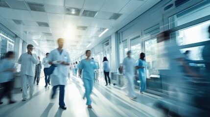 Blurred hospital corridor, doctors and nurses walking with diverse doctors in motion suitable for medical  - Powered by Adobe