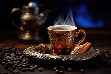 Majestic Moments: Sipping Turkish Coffee from a Golden Cup, Embracing the Rich Tradition and Aroma of This Exquisite Brew.