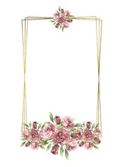 Watercolor floral rectangular frame with compositions with roses and greenery, frame with gold texture. Hand drawn illustration of botanical template for greeting cards or wedding invitations