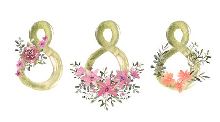 Set of 8 floral watercolors with different flowers and greenery. March 8, International Women's Day. Hand drawn illustration of botanical template for greeting cards or wedding invitations, mother's 