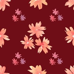Watercolor floral pattern. Pattern with orange and small burgundy flowers on a burgundy background. Isolated hand painted design. Botanical illustration for wedding design, greeting cards, March 8