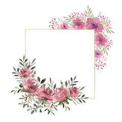 Fototapeta na wymiar Watercolor floral square frame with compositions of pink flowers and greenery, frame with golden texture. Hand drawn illustration of botanical template for greeting cards or wedding invitations