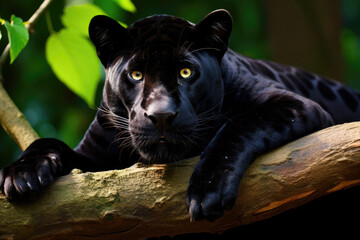 a black panther lying on branch in Amazone jungle
