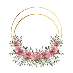 Floral round frame with beautiful asters and greenery, golden texture frame. Hand drawn watercolor illustration of botanical template for greeting cards or wedding invitations, mother's day, birthday