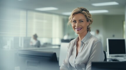 Fototapeta premium Doctor, a beautiful middle-aged woman, smiling, sitting at the office desk, 