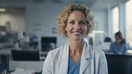 Doctor, a beautiful middle-aged woman, smiling, sitting at the office desk, 