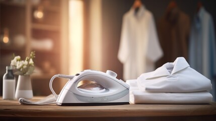 electric steam, hot iron press pile white shirt clothes on ironing board 