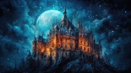 Dark Knight fantasy era castle. Oil paintings. Created with Generative AI.	 - obrazy, fototapety, plakaty