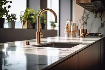 Modern Kitchen Interior with Gold Faucet and Marble Countertop - obrazy, fototapety, plakaty
