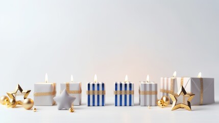 Hanukkah menorah and gift boxes on light background. 