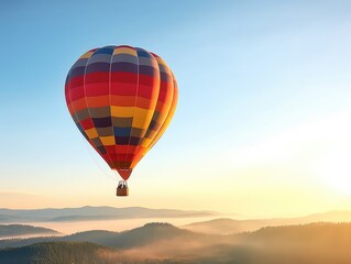 Obraz premium A hot air balloon floats above the ground in front of a blue sky background