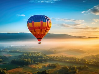 Naklejka premium A hot air balloon floats above the ground in front of a blue sky background