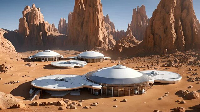 Surrounded towering mountains, energy shielded research outpost hidden within labyrinth winding paths rocky terrain. only source protection this treacherous landscape, 2d animation