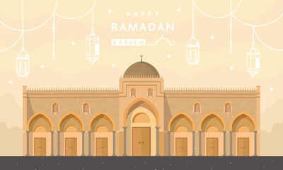 Ramadhan greetings with a beautiful mosque background
