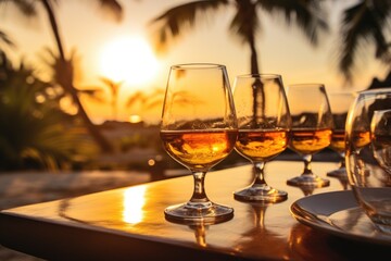 Caribbean Elixir: Rum Tasting in the Dominican Republic - A Scene of Exploration, Showcasing the Rich Amber Tones of Different Varieties Against the Backdrop of a Tropical Setting.

 - obrazy, fototapety, plakaty