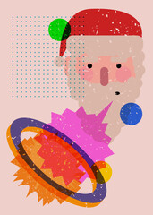 Risograph Santa Claus face, head with speech bubble with geometric shapes. Objects in trendy riso graph print texture style design with geometry elements.