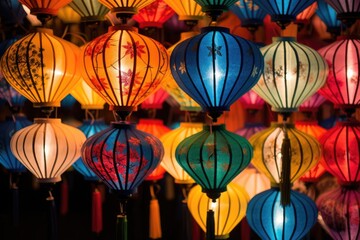 Artistry in Illumination: Close-Up of Handmade Silk Lanterns for Sale at a Street Market in Hoi An, Vietnam.	