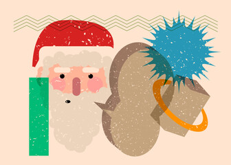 Risograph Santa Claus face, head with speech bubble with geometric shapes. Objects in trendy riso graph print texture style design with geometry elements.