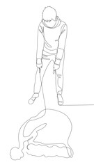 One continuous line of Man pointing with finger at Santa Hat. Thin Line Christmas Illustration vector concept. Contour Drawing Creative ideas.