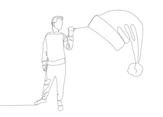One continuous line of Man pointing with finger at Santa Hat. Thin Line Christmas Illustration vector concept. Contour Drawing Creative ideas.