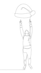One continuous line of Man pointing with finger at Santa Hat. Thin Line Christmas Illustration vector concept. Contour Drawing Creative ideas.