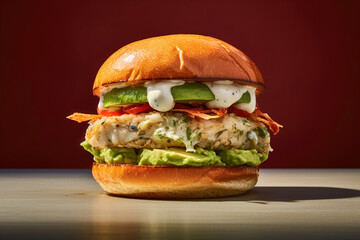 A West Coast avocado and crab burger is presented in the morning light. (Generative AI)