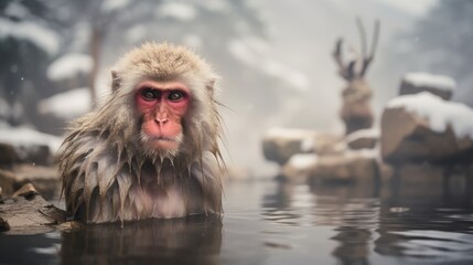 Tranquil Scenes of Snow Monkeys in the Japanese Alps, Soaking in Hot Springs amidst Snowy Landscapes, Embracing Nature's Harmony in the Winter