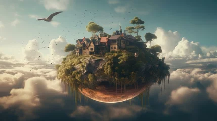 Foto auf Leinwand magic house on floating island. Created with Generative AI.  © lchumpitaz